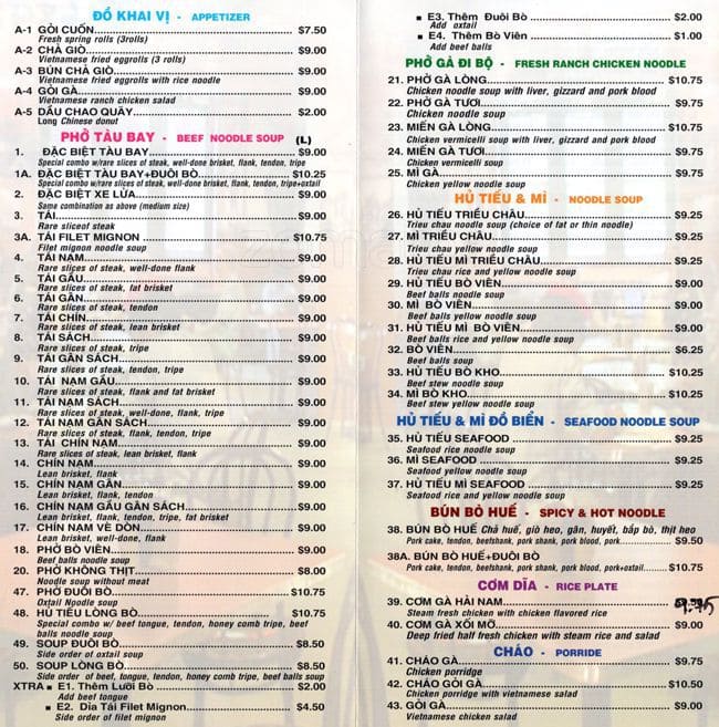 Pho Tau Bay Menu, Menu for Pho Tau Bay, East San Jose, San Jose