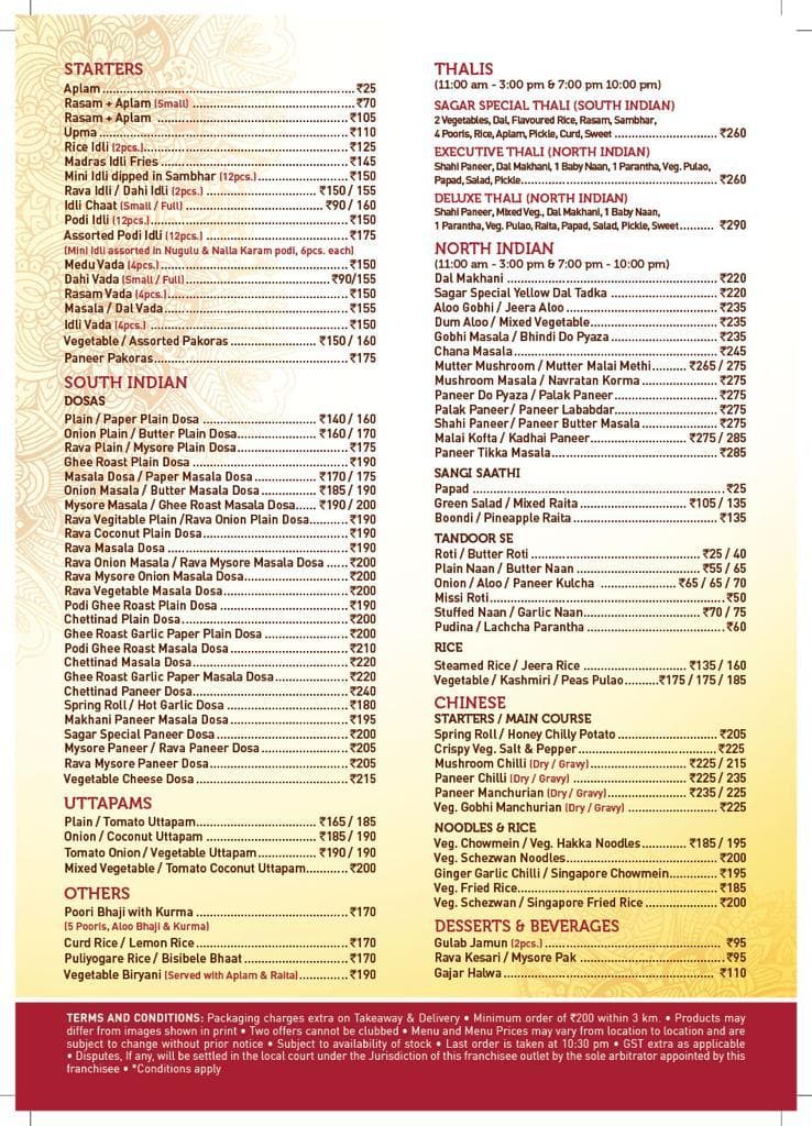 Menu of Sagar Ratna, Shastri Nagar, Jalandhar