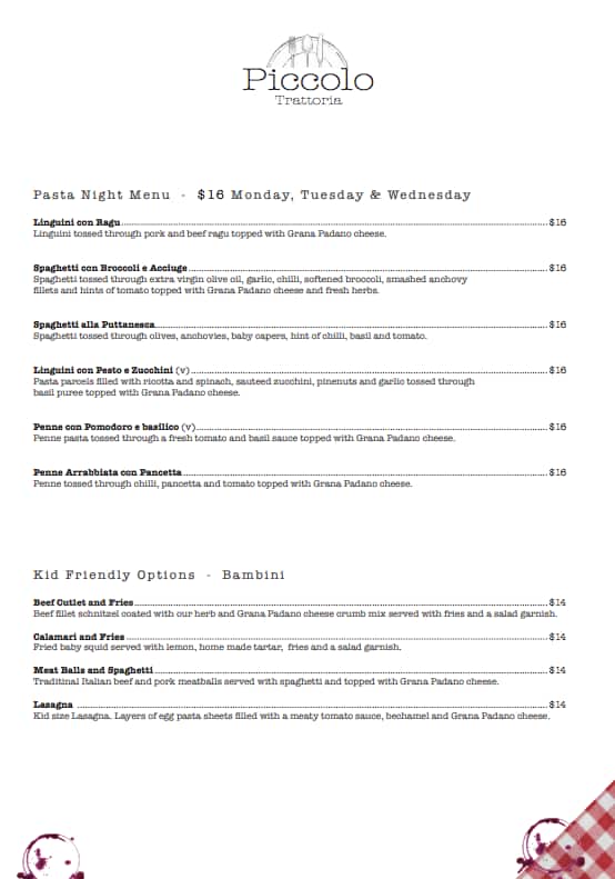 Menu at Piccolo Trattoria restaurant, Shenton Park