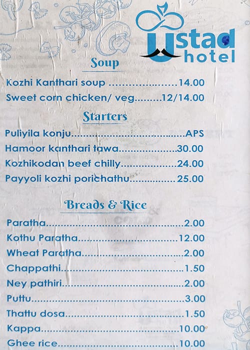 ustad hotel vizhinjam menu