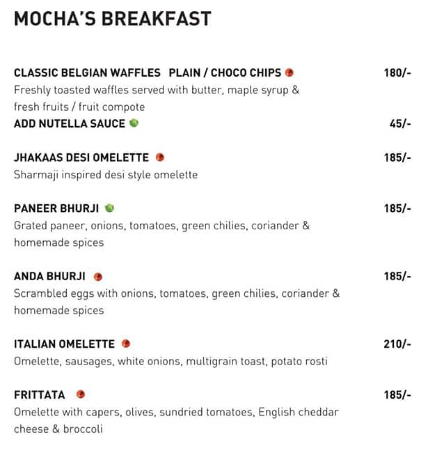 Menu of Mocha, Dharampeth, Nagpur