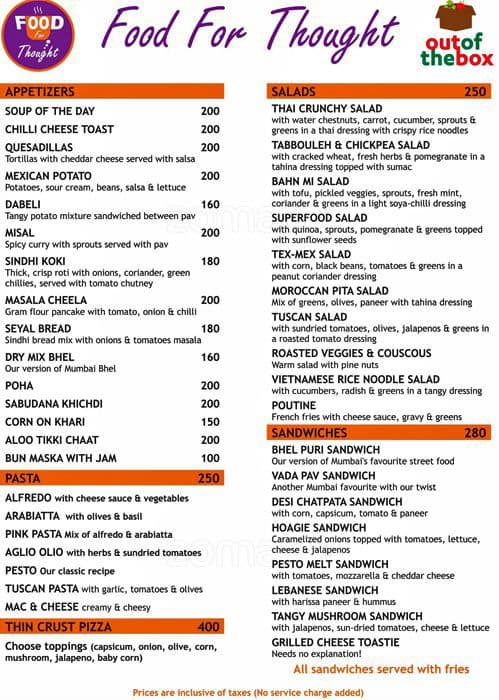 Food For Thought Menu, Menu for Food For Thought, Fort ...