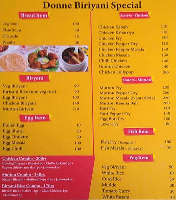 Moolehatti Donne Biryani Mane menu