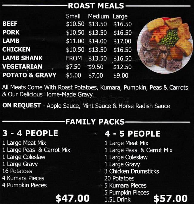 Menu at Hot Roast Meals, New Zealand, 19 Braid Road
