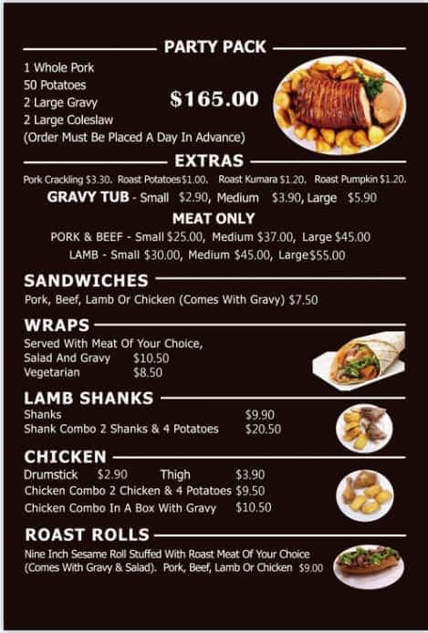 Menu at Hot Roast Meals, New Zealand, 19 Braid Road