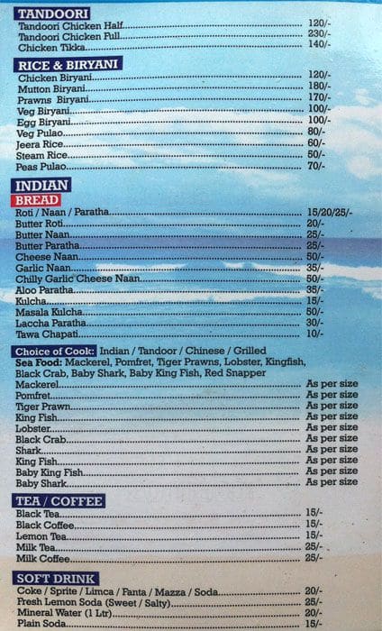 Flavours Restaurant menu