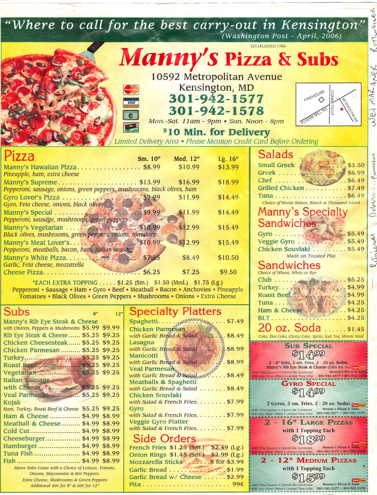 Menu at Manny's Pizza & Sub Shop pizzeria, Kensington