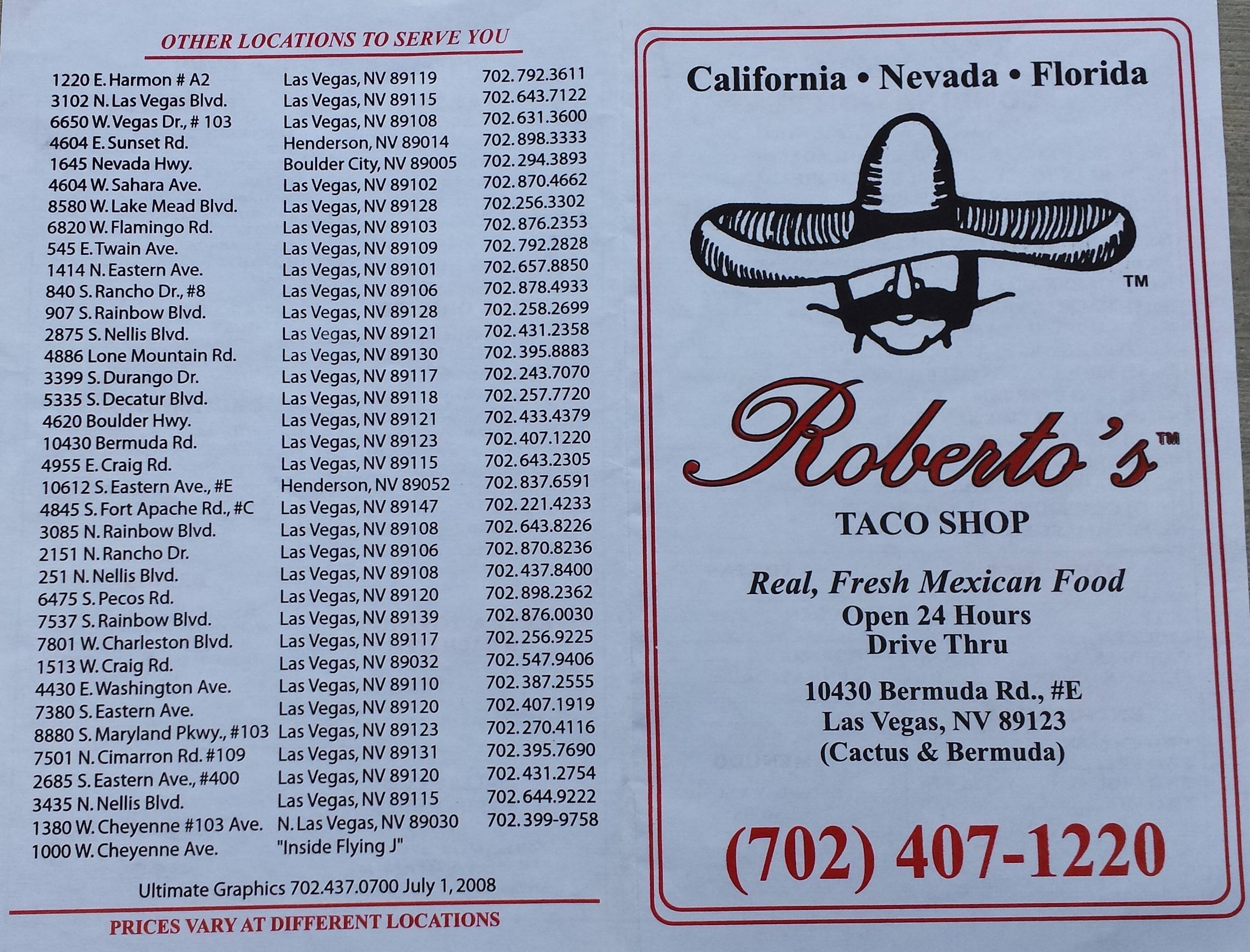 Roberto's Taco Shop Menu, Menu for Roberto's Taco Shop, Spring Valley