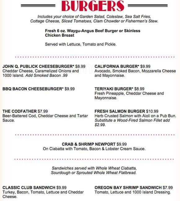 Menu at Mc Grath's Fish House restaurant, Vancouver, SE 2nd Cir