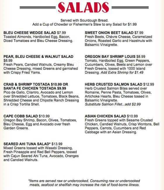 Menu at Mc Grath's Fish House restaurant, Vancouver, SE 2nd Cir