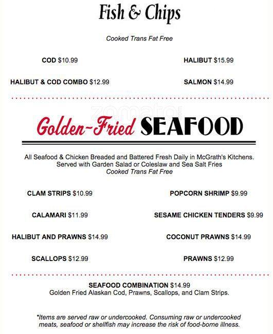 Menu at Mc Grath's Fish House restaurant, Vancouver, SE 2nd Cir