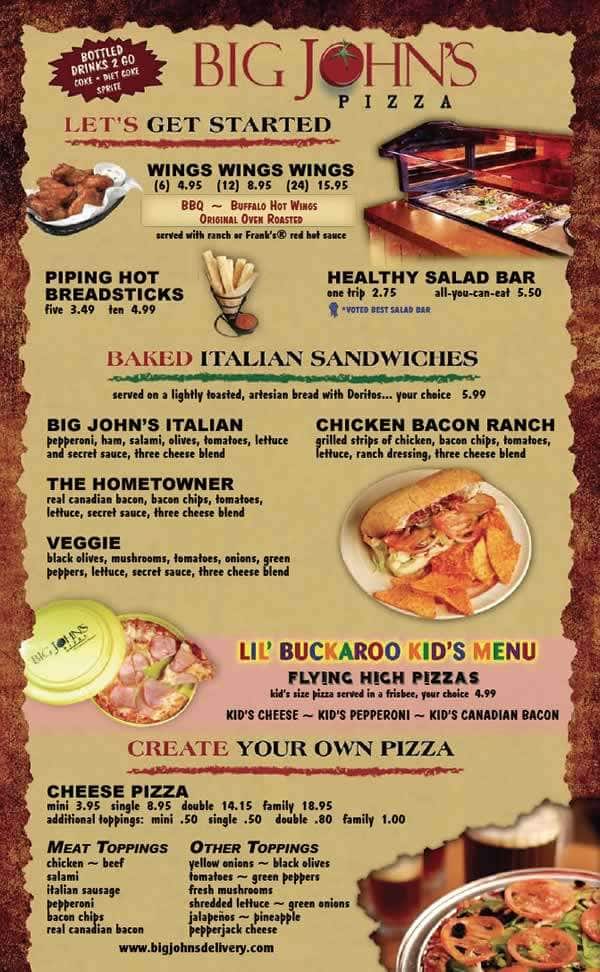 Menu at Big John's Hometown Pizza pizzeria, Pendleton