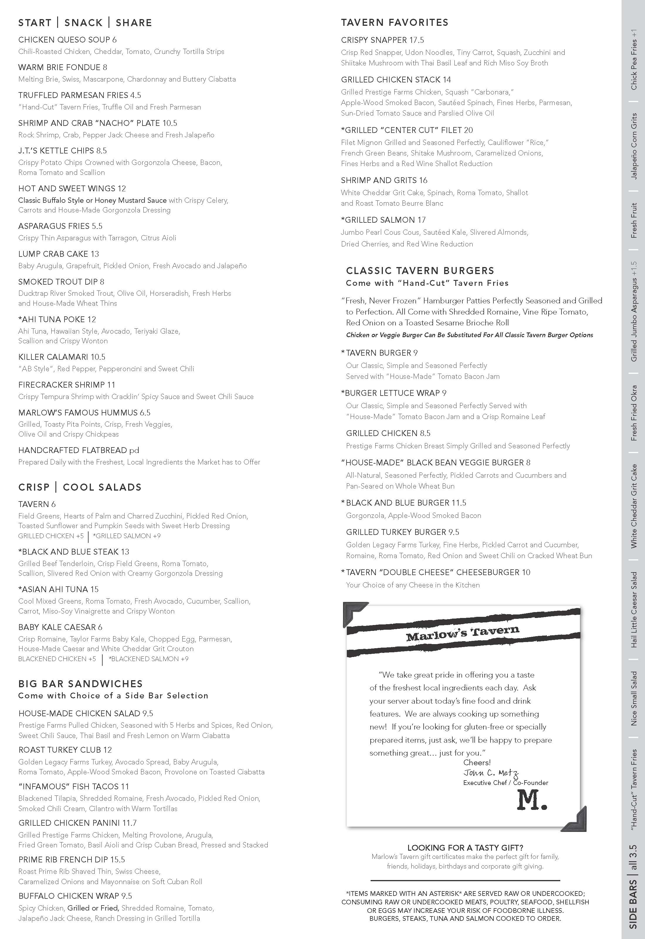 Marlow's Tavern menu, Menu restauracji Marlow's Tavern, Woodstock