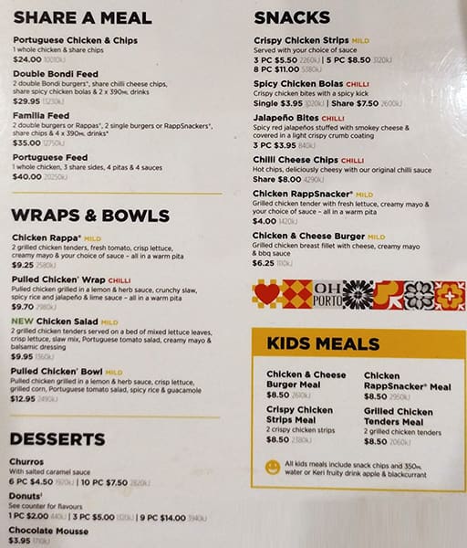 Oporto Melbourne Central menu