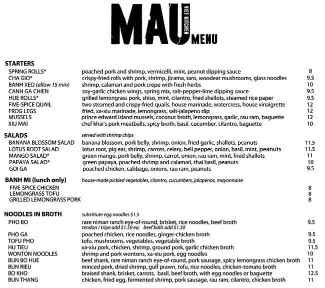 Menu at Mau Restaurant, San Francisco, 665 Valencia St