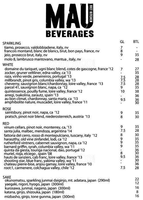 Menu at Mau Restaurant, San Francisco, 665 Valencia St