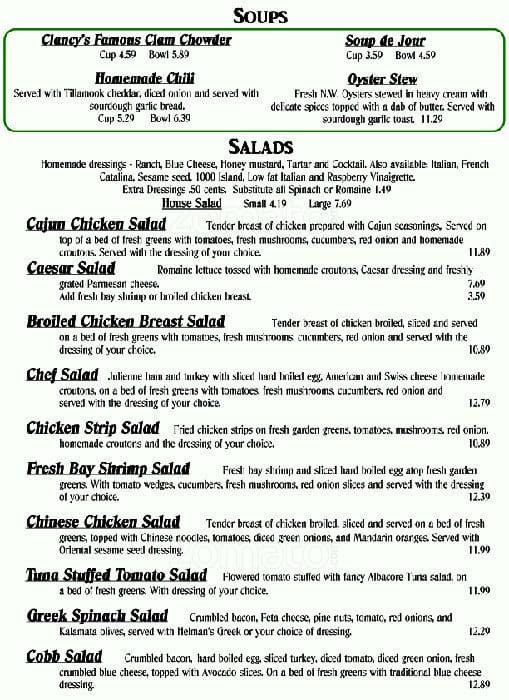 Menu at Clancy's pub & bar, Sherwood