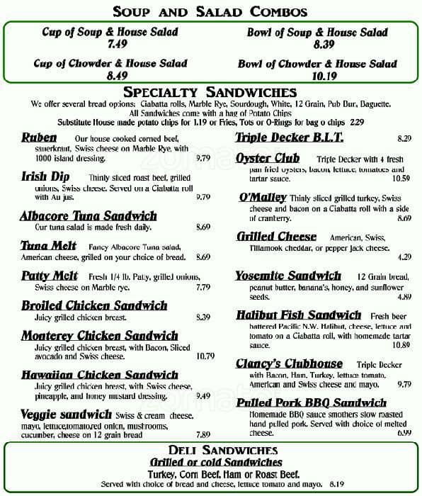 Menu at Clancy's pub & bar, Sherwood