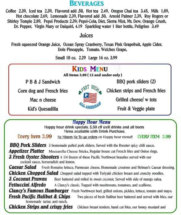 Menu at Clancy's pub & bar, Sherwood