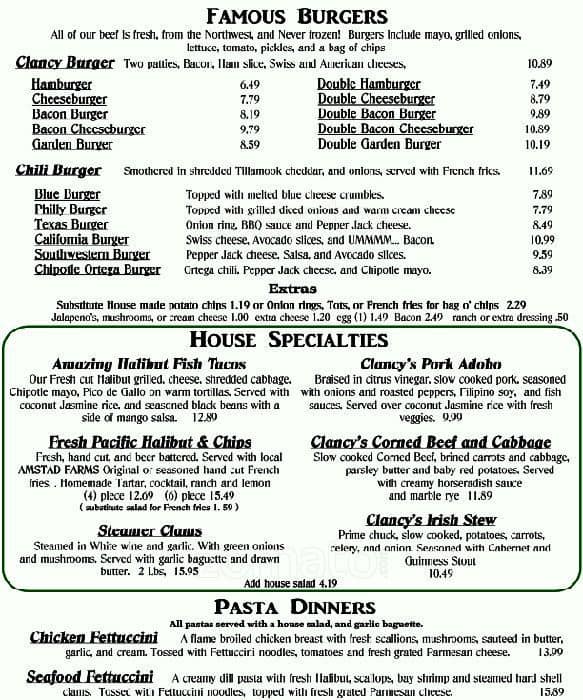 Menu at Clancy's pub & bar, Sherwood