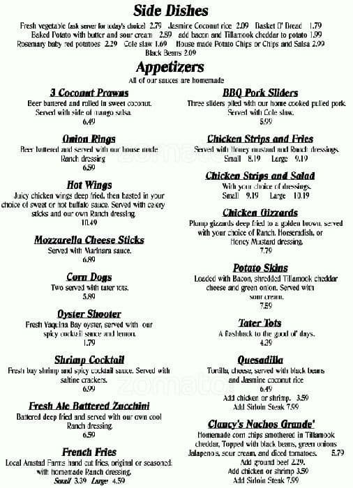 Menu at Clancy's pub & bar, Sherwood