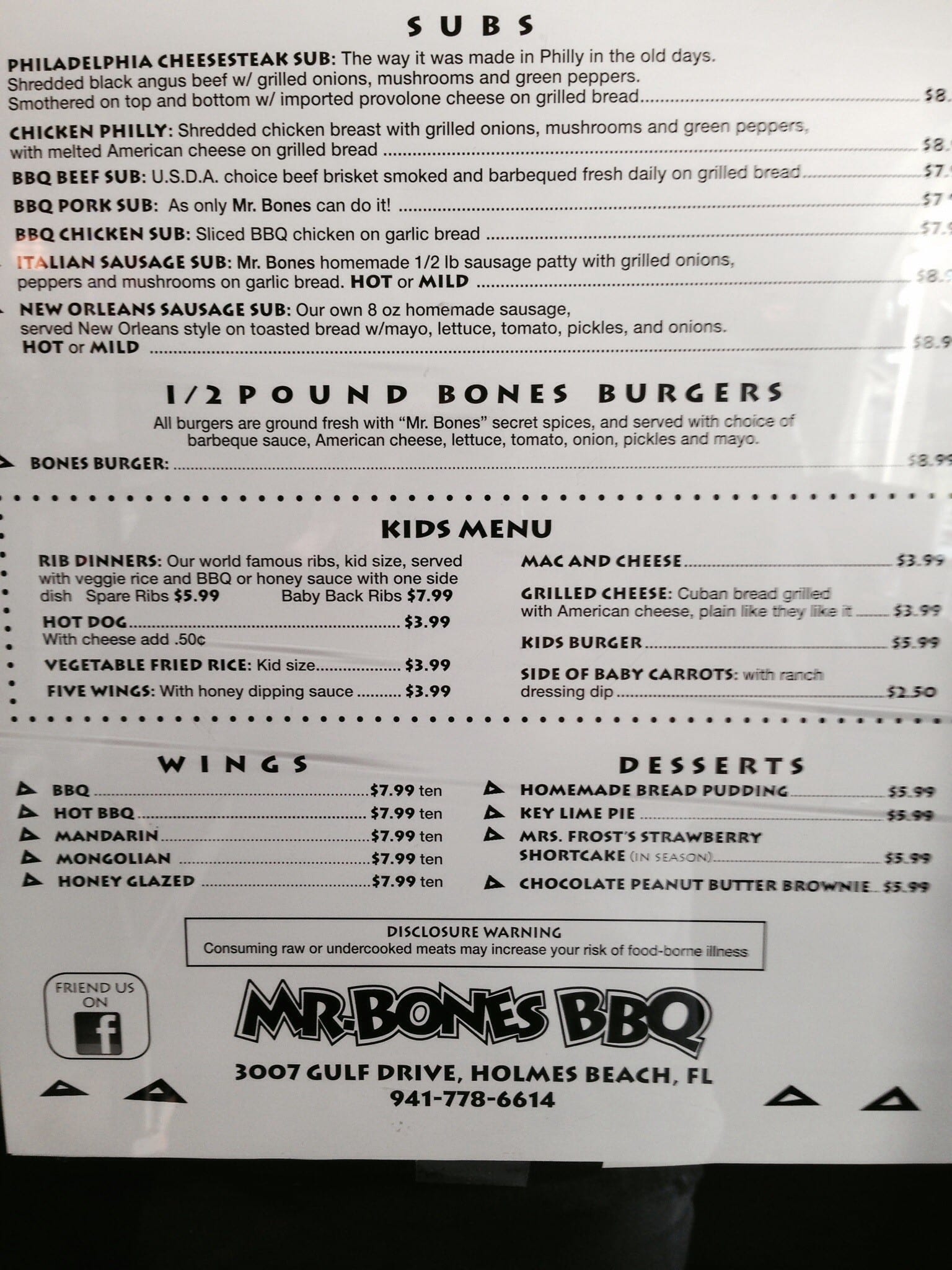 Mr. Bones BBQ menu, Menu restauracji Mr. Bones BBQ, Holmes Beach, Tampa