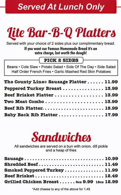 Menu at The County Line BBQ, San Antonio, 111 W Crockett St #104