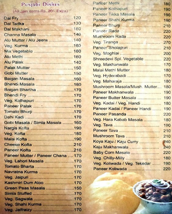 Shreedevi Veg Restaurant menu