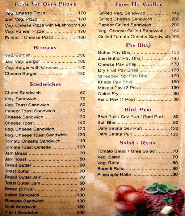 Shreedevi Veg Restaurant menu