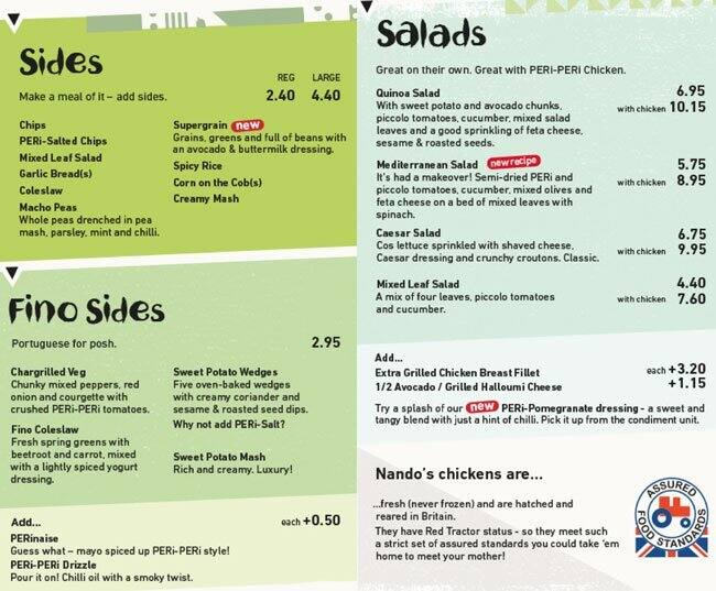 Menu at Nando's restaurant, Barking, Longbridge Rd