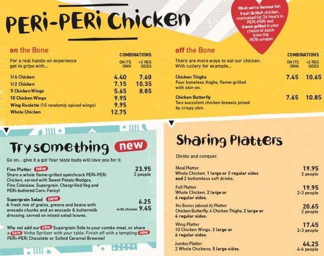 Menu at Nando's restaurant, London, 224-226 Upper Tooting Rd