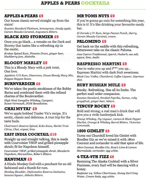 Apples & Pears Menu, Menu for Apples & Pears, Brick Lane, London