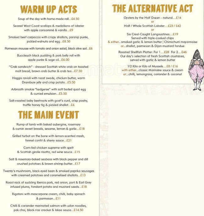 Menu at Twenty Princes Street steakhouse, Edinburgh