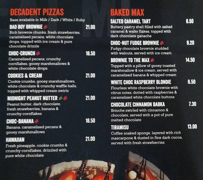 Menu at Max Brenner cafe, Alexandria