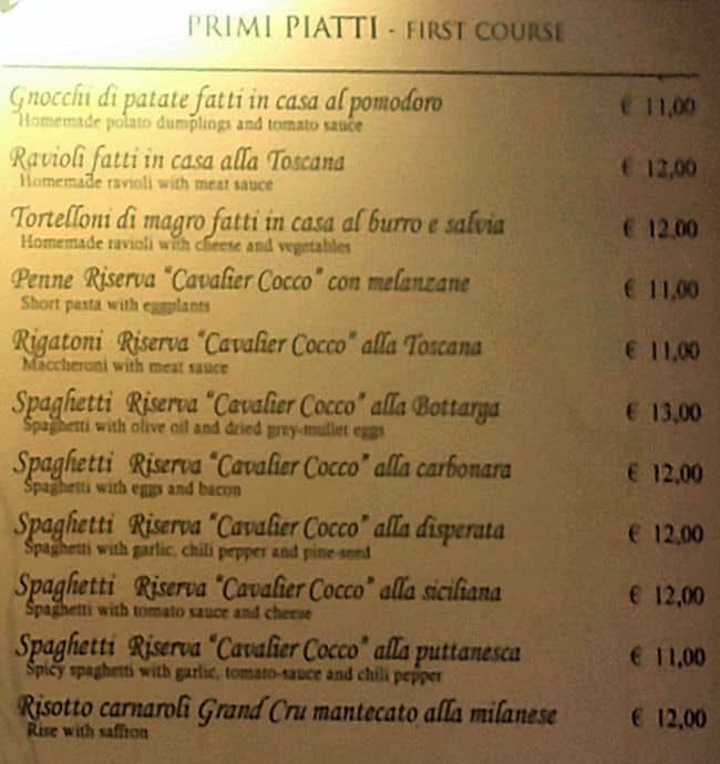Trattoria Torre di Pisa меню