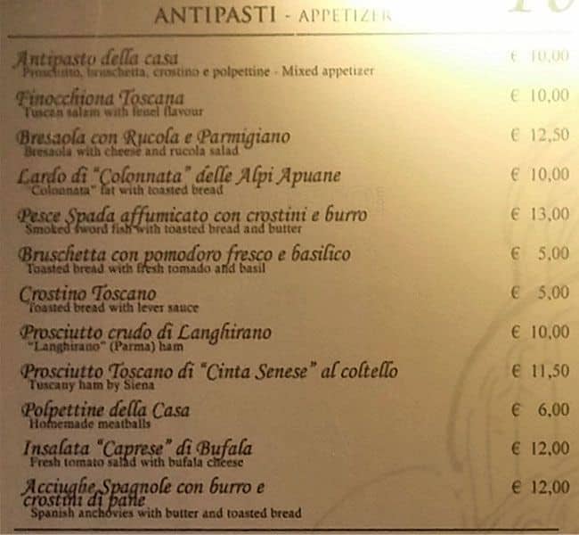 Trattoria Torre di Pisa меню