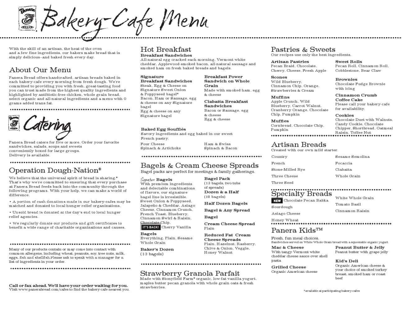 Panera Bread Menu Menu For Panera Bread Coral Gables Miami