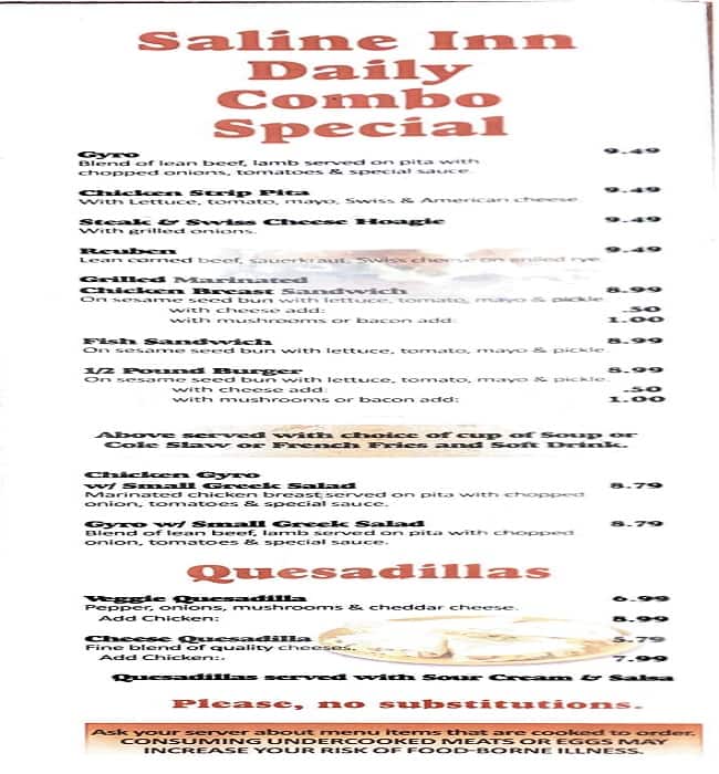 Menu at Saline Inn restaurant, Saline