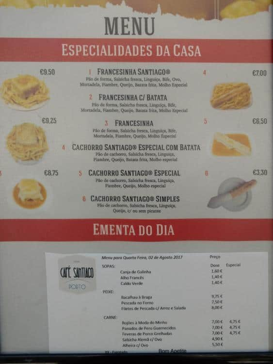 Café Santiago Menu, Menu de Café Santiago, Baixa, Porto