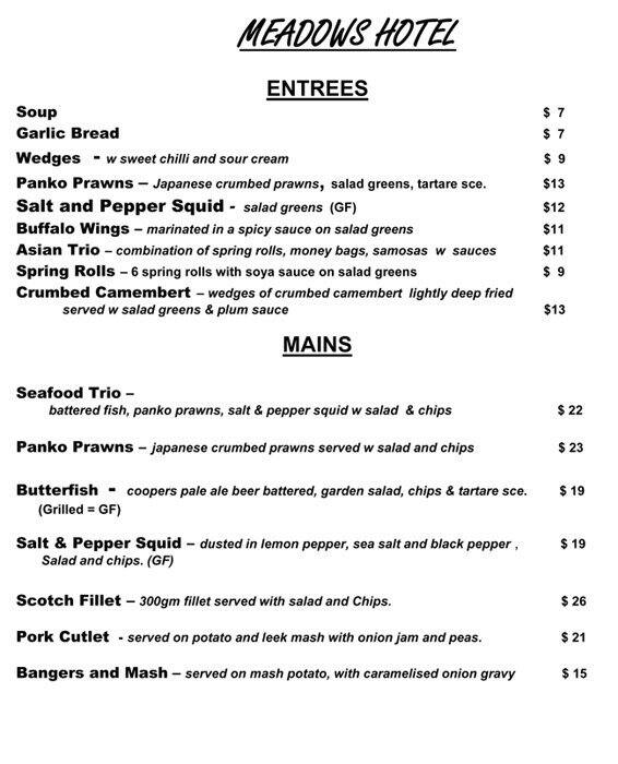 Meadows Hotel Menu, Menu for Meadows Hotel, Meadows, Adelaide