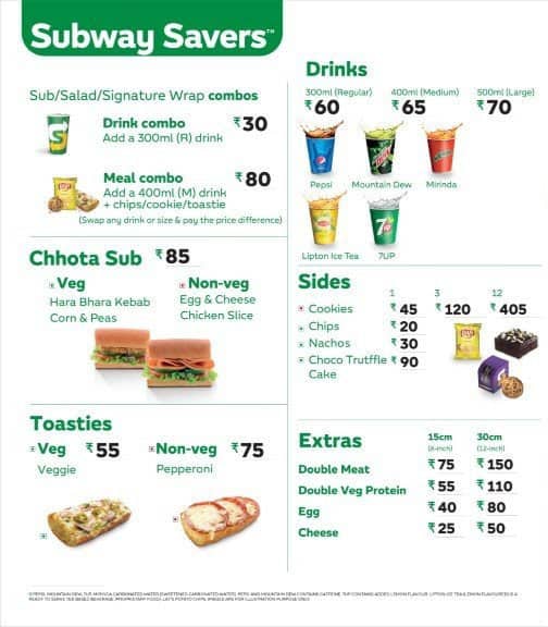 Menu of Subway, Model Town, Jalandhar