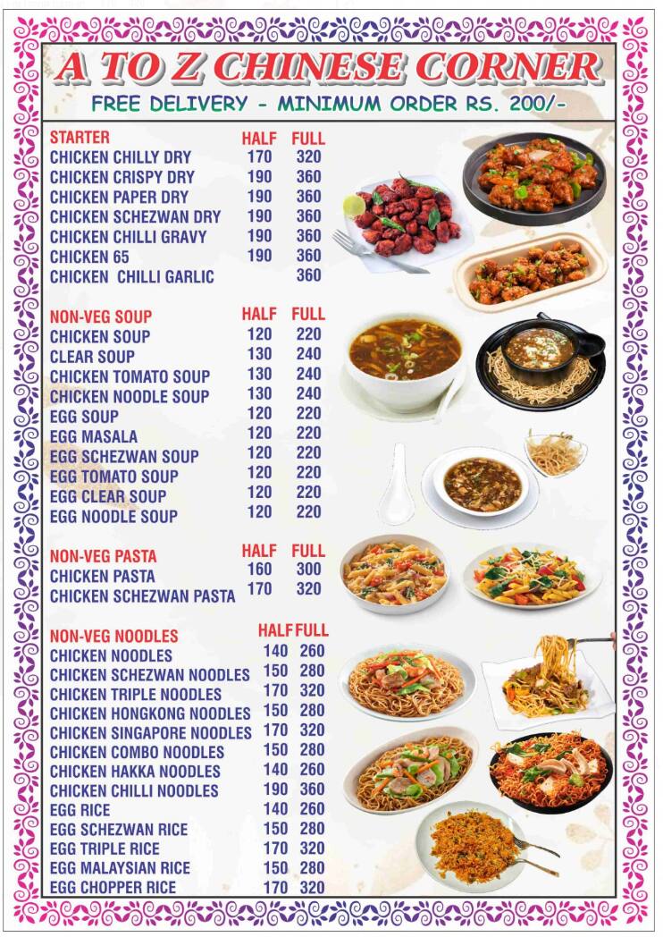 Menu of A To Z Chinese Cornor, Sion, Mumbai