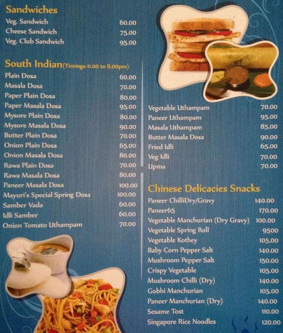 Mayuri Restaurant Menu, Menu for Mayuri Restaurant, Gulmohar Colony