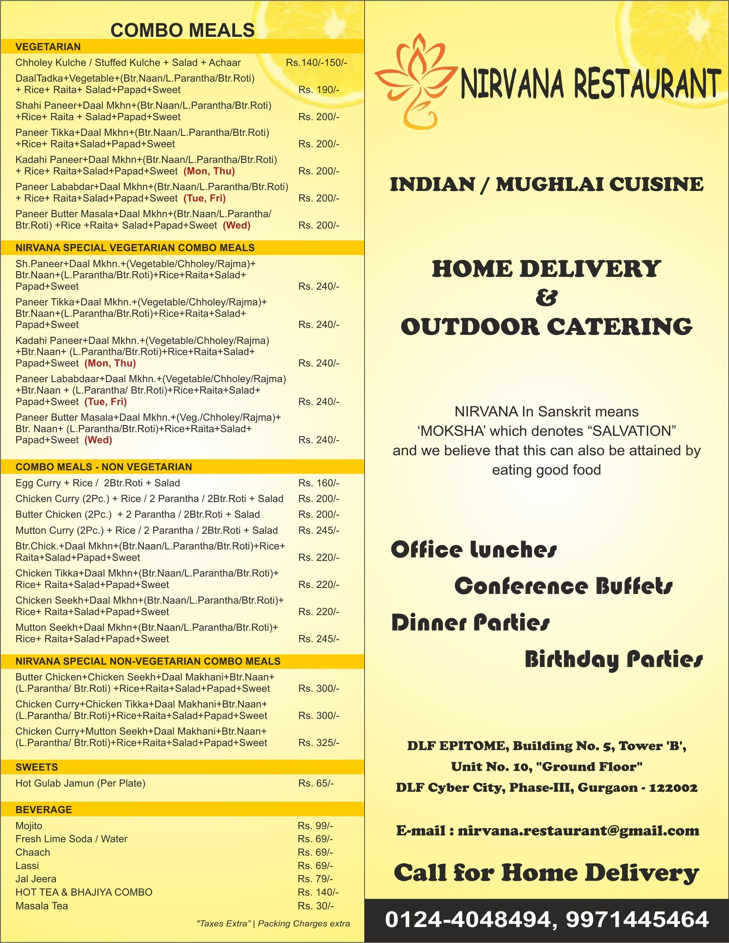 Nirvana Restaurant menu