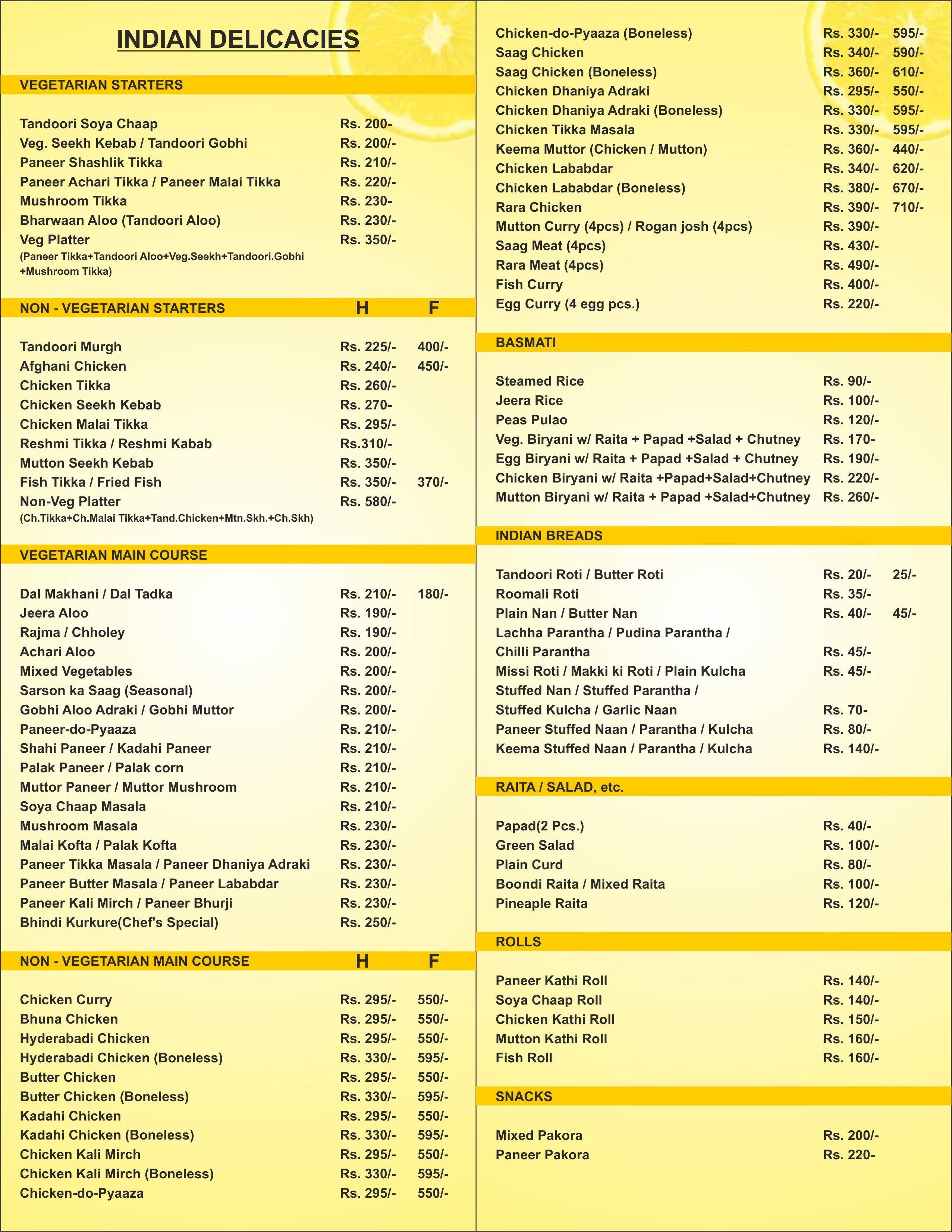 Nirvana Restaurant menu