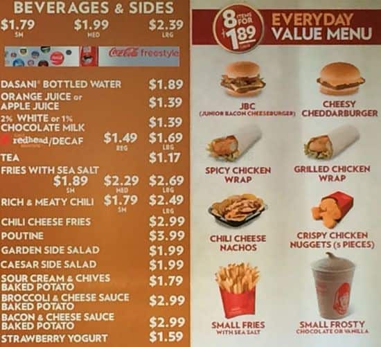 Menu at Wendy s fast food Burlington Harvester Rd