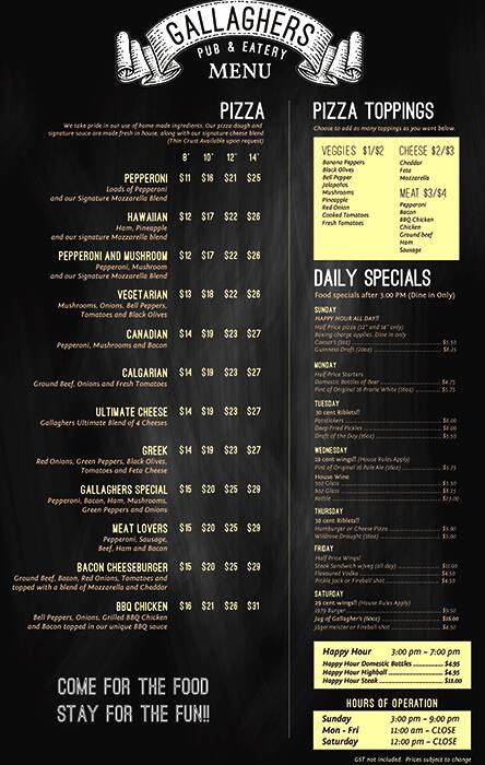 Menu de Gallaghers Pub & Eatery