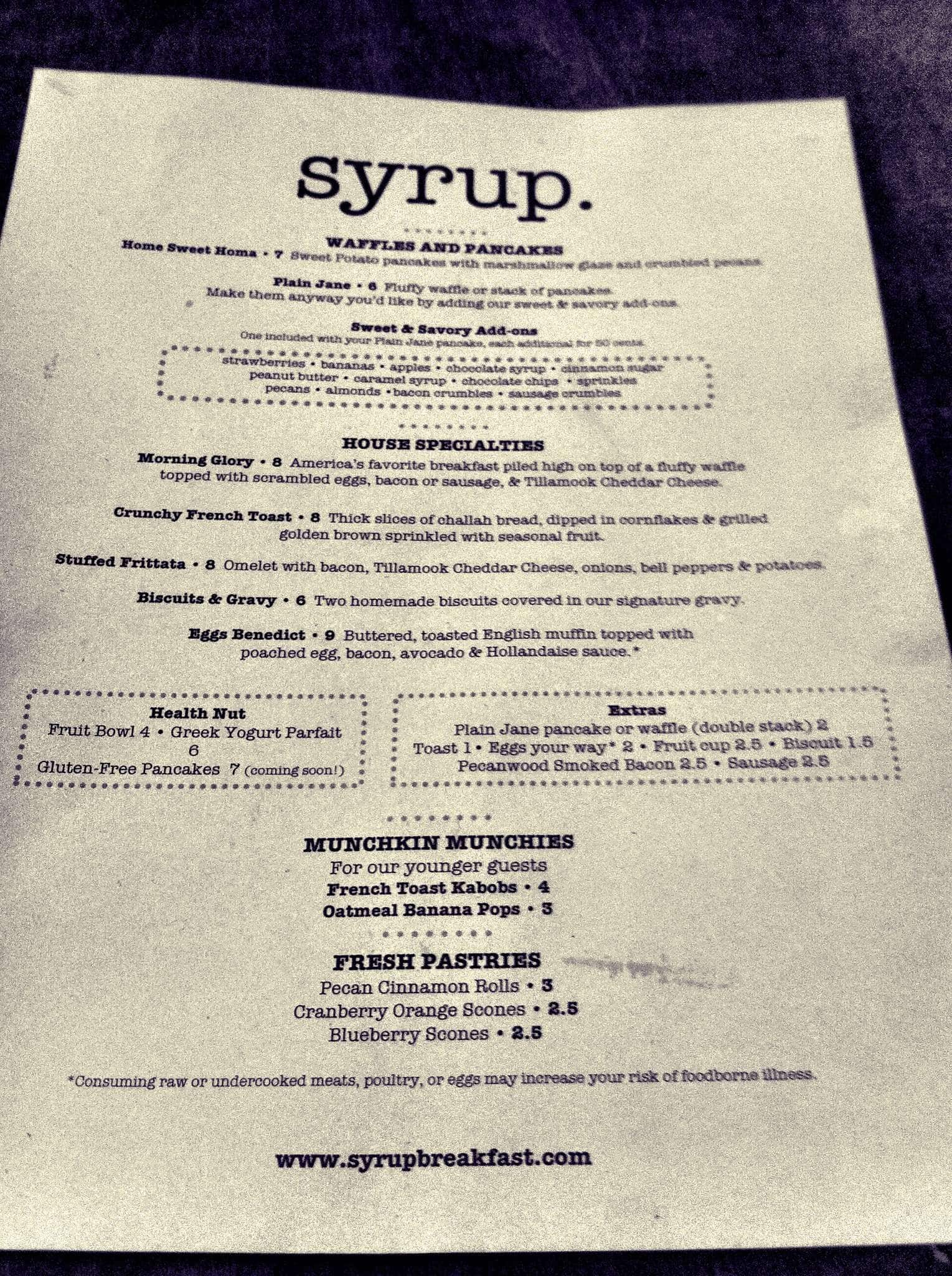 Menu at Syrup restaurant, Norman, 123 E Main St