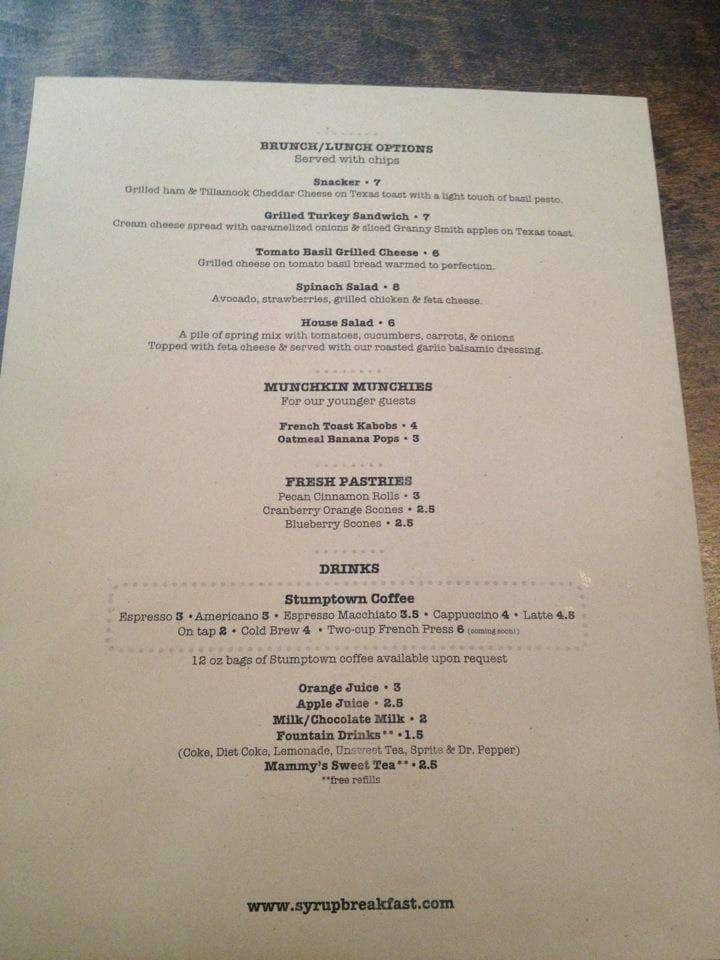 Menu at Syrup restaurant, Norman, 123 E Main St