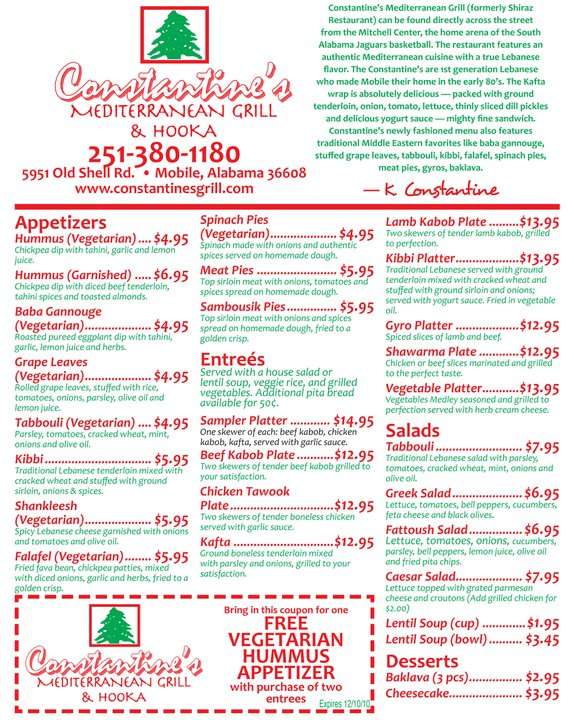 Constantine's Mediterranean Grill & Hooka Menu Urbanspoon/Zomato